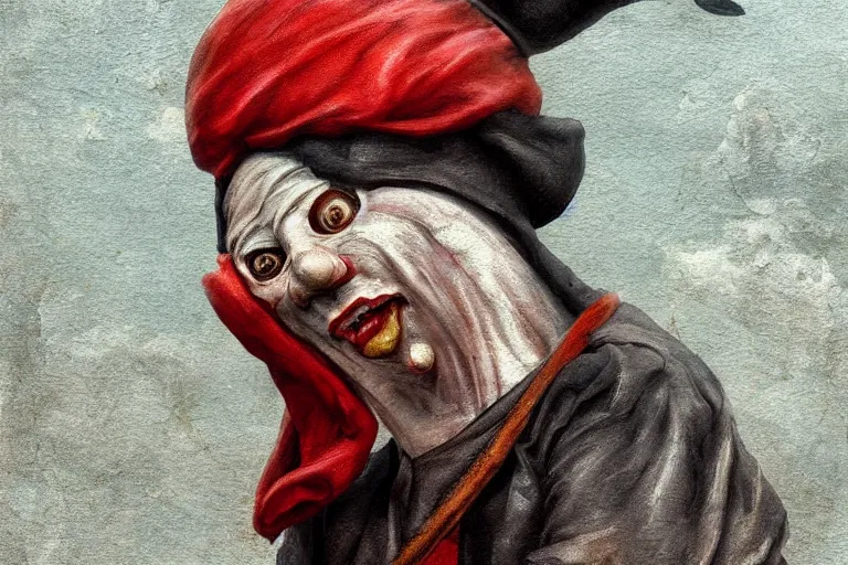 Image similar to a highly detailed pulcinella!! from naples, pizza!, volcano, black sky, smoke, fire lava, post - apocalyptic vibe, full body, wide angle, an ultrafine detailed painting by rivorio mok, trending on deviantart, whimsical, lowbrow, perfect symmetrical face, sharp focus, octane, masterpiece