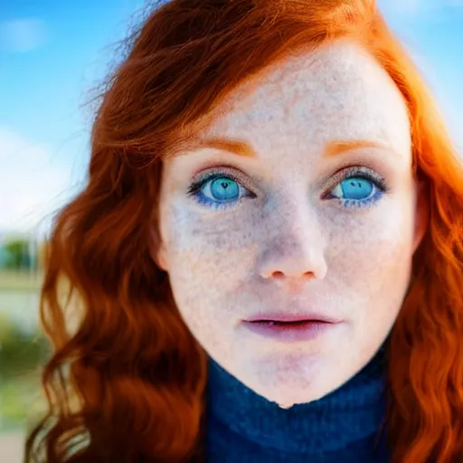 Image similar to Close up photo of the left side of the head of an extremely attactive, pretty redhead woman with gorgeous blue eyes and wavy long red hair, who looks directly at the camera. Slightly open mouth. Whole head visible and covers half of the frame, with a park visible in the background. 135mm nikon.