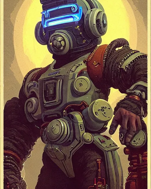 Image similar to torbjorn from overwatch, character portrait, portrait, close up, concept art, intricate details, highly detailed, vintage sci - fi poster, retro future, vintage sci - fi art, in the style of chris foss, rodger dean, moebius, michael whelan, and gustave dore