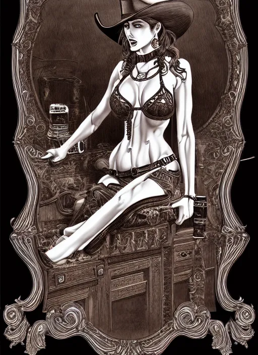 Prompt: full light rendering hyper detailed ultra sharp beautiful female sheriff's body, global lighting, intricate details of the dark saloon from the western, western saloon, booze, scofield, cigars, manga style.