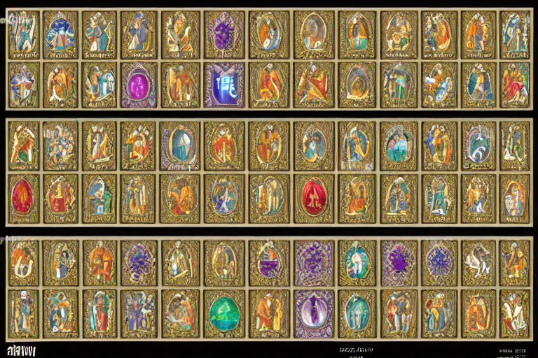 Image similar to illustration of design sheet of sets of various fantasy religion iconography mosaics with gemstones, prismatic colors, ornate gold patterns