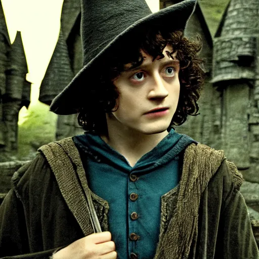 Image similar to frodo baggins wearing the sorting hat, in hogwarts, cinematic