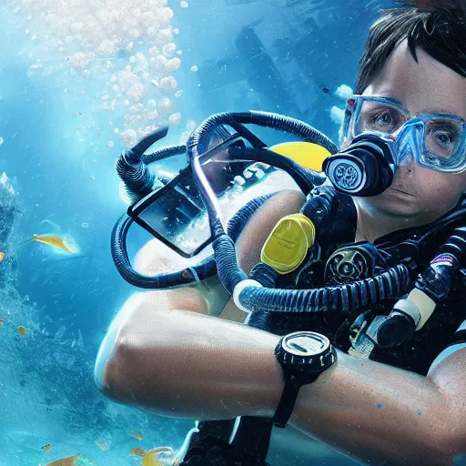 Prompt: michael j fox scuba diving, hyper detailed, dramatic lighting, cgsociety, realistic, hyper detailed, insane details, intricate, dramatic lighting, hypermaximalist, golden ratio, rule of thirds, octane render, weta digital, micro details, ultra wide angle, artstation trending, 8 k,