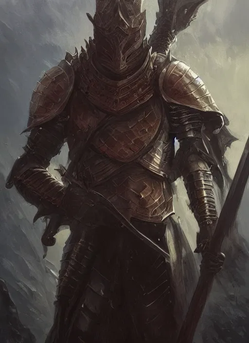 Image similar to portrait of a draconic knight, holding a claymore, victorian, concept art, detailed face, fantasy, close up face, highly detailed, cinematic lighting, digital art painting by greg rutkowski