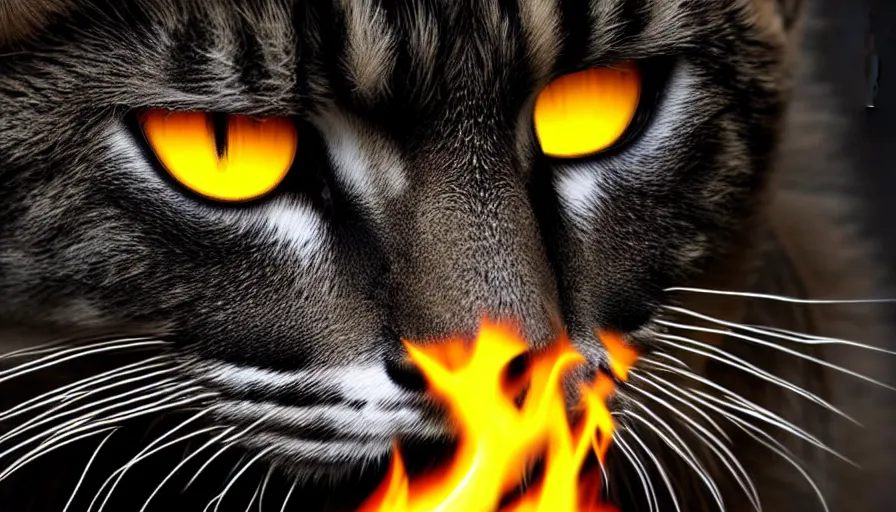 Prompt: big cat, black, fiery yellow eyes, flaming ears, paws, tail