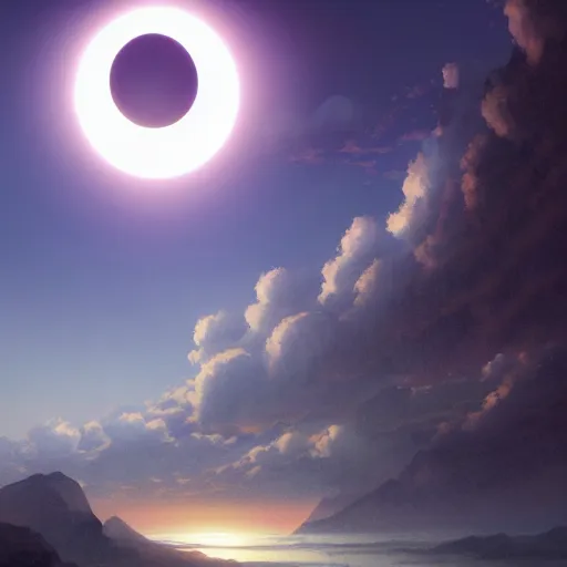 Prompt: a highly detailed matte painting of a solar eclipse, art by studio ghibli, makoto shinkai, by artgerm, by wlop, by greg rutkowski, volumetric lighting, octane render, 4 k resolution, trending on artstation, masterpiece