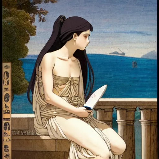 Image similar to A girl with ancient greek clothes on the front of a Balustrade with a beach on the background, major arcana, a colab between studio ghibli and paul delaroche, hyperrealistic