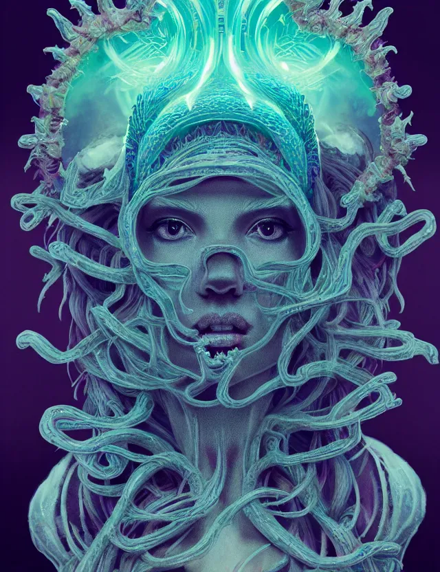 Image similar to symmetrical, centered, goddess close-up portrait wigh crown made of skulls. phoenix betta fish, phoenix, bioluminiscent creature, super intricate ornaments artwork by Tooth Wu and wlop and beeple and greg rutkowski