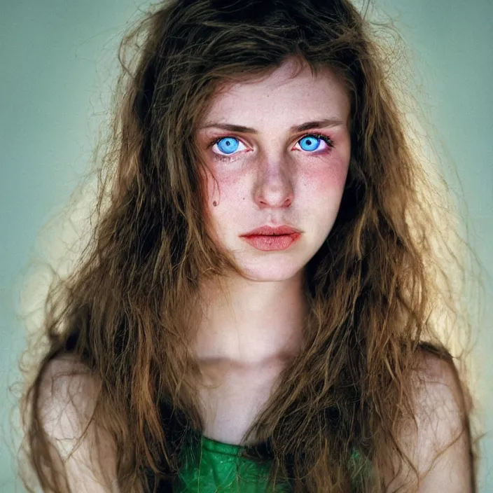 Prompt: Kodak Portra 400, 8K, highly detailed, britt marling style 3/4 dramatic photographic Close-up face of a extremely beautiful girl with clear blue eyes and brown hair ,red and green lighting, non-illuminated backdrop, illuminated by a dramatic light, Low key lighting, light dark, High constrast, dramatic , Steve Mccurry, Lee Jeffries , Norman Rockwell, Craig Mulins ,dark background, high quality, photo-realistic.