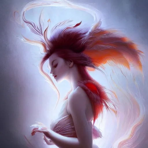 Prompt: prompt A beautiful portrait of a white red orange kumiho, stunning gorgeous asian face, translucent silky dress, a bra in the shape of peacock feathers, close up front view, long clumpy hair in the shape of fox tail, backlit, concept art, matte painting, by Peter Mohrbacher
