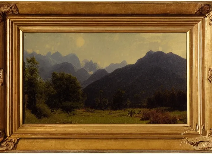 Image similar to painting of a mies van der rohe house in front of beautiful mountains by albert bierstadt