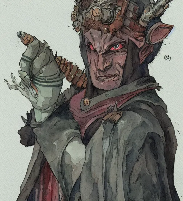 Prompt: a watercolor ink painting of a post - apocalyptic tiefling sorcerer in the style of jean giraud in the style of moebius trending on artstation deviantart pinterest detailed realistic hd 8 k high resolution