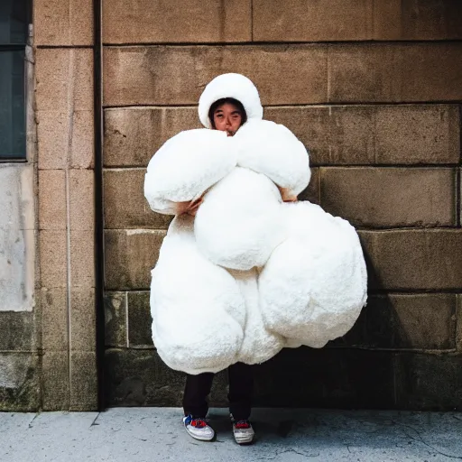 Prompt: face portrait, woman age 2 0 in a puffy sheep costume, outside, backstage theatre, street photography by steve mccurry, 5 0 mm f / 1. 4