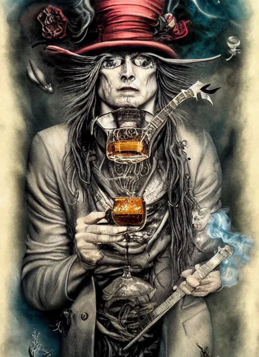 Image similar to Mad hatter big cloud of smoke, bottle of whisky, guitar, lightning,death tarot card,highly detailed,half skull face,cinematic,8k,by Stanley Artgermm,Tom Bagshaw,Greg Rutkowski,Carne Griffiths, Ayami Kojima, Beksinski, Giger,trending on DeviantArt,hyper detailed,horror, full of colour