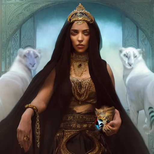 Image similar to a Photorealistic dramatic hyperrealistic render of an arab queen Esther, green eyes, middle Eastern skin, eyes, black hair, white veil, with a pet lion by WLOP,Artgerm,Greg Rutkowski,Alphonse Mucha, Beautiful dynamic dramatic dark moody lighting,shadows,cinematic atmosphere,Artstation,concept design art,Octane render,8K