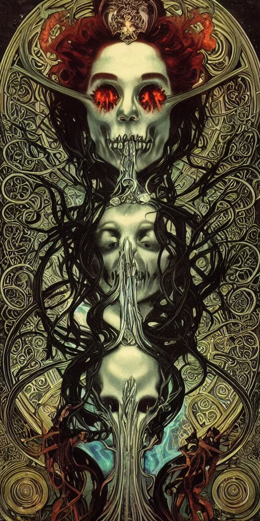 Image similar to intense glowing pagan black metal god with horns and tentacles and intense glowing eyes and a skull in very dark cosmic space by alphonse mucha and karol bak and artgerm and beksinski, portrait, fantasy, clear, light beams, lens flare, intense, uhd, amazing depth, cinematic lighting, gold and black and teal