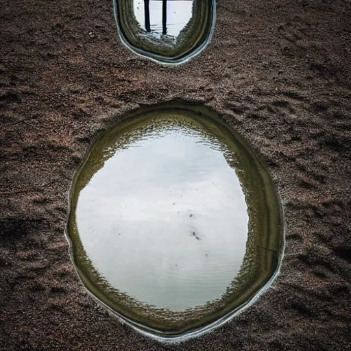 Prompt: top down photograph looking into a puddle, a shriveled old man is staring up from under the surface of the water