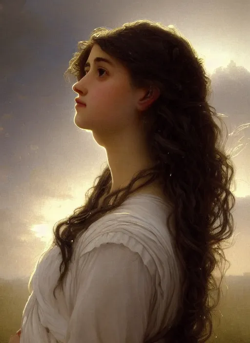 Prompt: oil painting close up portrait of a contemplative young provencale woman with long dark flowing hair in a dress made of white roses!! at sunset, hazy, digital art, chiaroscuro, artstation, cinematic, golden hour, digital art painting by greg rutkowski, william - adolphe bouguereau, hazy atmosphere, cinematic lighting