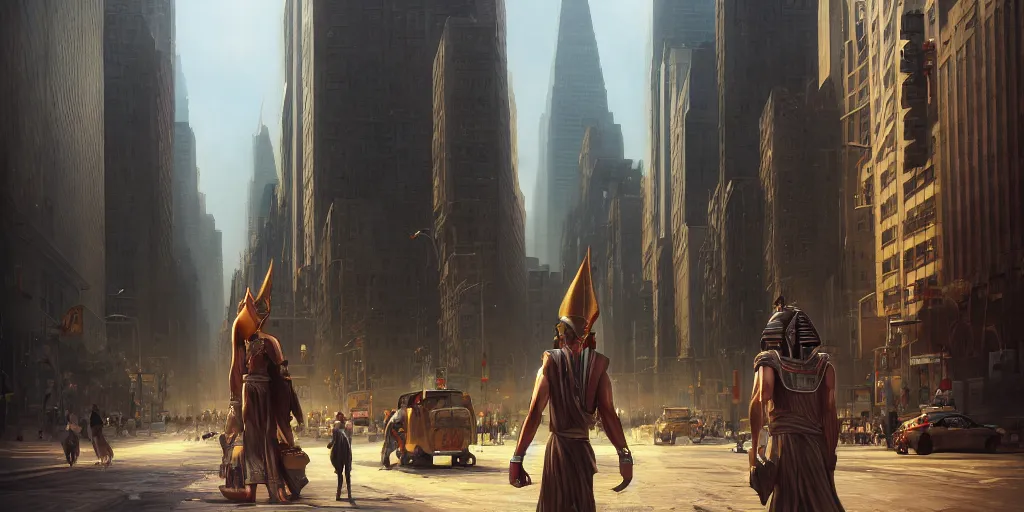 Image similar to an egyptian god walking the streets of new york, digital art, landscape, fantasy art, octane render, unreal engine, high detail, very realistic, by ross tran. by james gurney