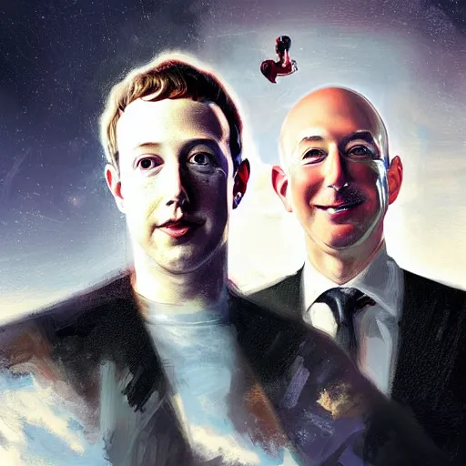 Image similar to portrait of meeting between elon musk, mark zuckerberg, jeff bezos, very detailled, art contest winner on behance, trendy on deviant art, by by artgem, greg rutkowski