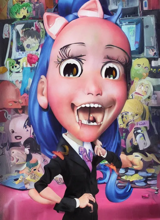 Image similar to a hyperrealistic oil panting of a kawaii anime girl figurine caricature with a big dumb grin featured on nickelodeon by dave mckean