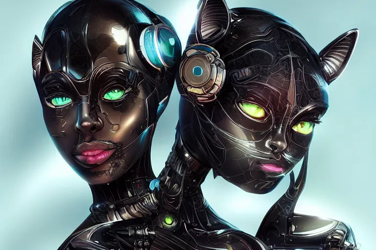Image similar to “ a extremely detailed stunning portraits of solarpunk cyborg black cat woman by allen william on artstation ”