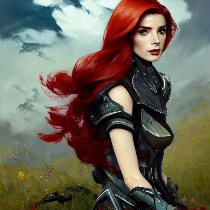 Image similar to portrait of a combination of Ashley Greene, Adriana Dxim, Grace Kelly and Lily Collins with red hair wearing Warframe armor, countryside, calm, fantasy character portrait, dynamic pose, above view, sunny day, thunder clouds in the sky, artwork by Jeremy Lipkin and Giuseppe Dangelico Pino and Michael Garmash and Rob Rey and Greg Manchess and Huang Guangjian and Makoto Shinkai, very coherent asymmetrical artwork, sharp edges, perfect face, simple form, 100mm