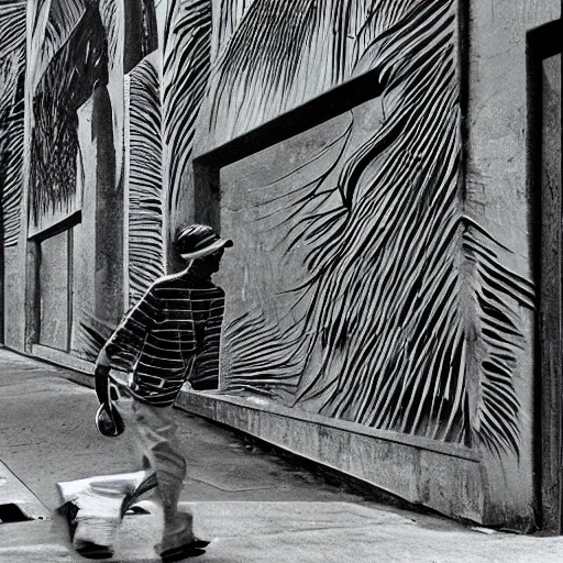 Image similar to A beautiful street art. It has no visible auditory organs, just eyes, human eyes, hundreds of them, in the ends of stalks that radiate from its body like some exotic fruit. felt pieces by Brett Weston, by Syd Mead desaturated