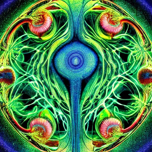 Prompt: the pseudopodia of two cells interacting. a microscopic photo by earnst haeckel. polycount shutterstock contest winner, art nouveau, nuclear art, microbiology, neoplasticism. biomorphic, creative commons, fractalism, dramatic, lush, airbrush art, minimalist macro photography, dark background, photoillustration, dye - transfer