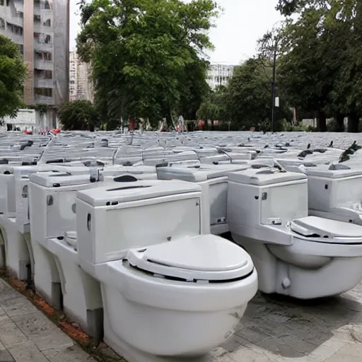 Image similar to city with army of toilets populated by s