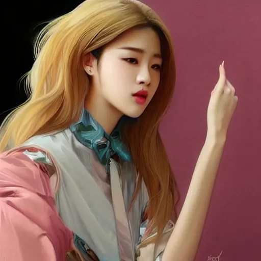 Image similar to portrait of kpop idol, expressive pose, lively expression, a pastel by chip zdarsky, trending on pinterest, mingei, full body, stylish, intricate, elegant, rose tones, highly detailed, digital painting, artstation, concept art, smooth, sharp focus, illustration, art by artgerm and greg rutkowski and alphonse mucha