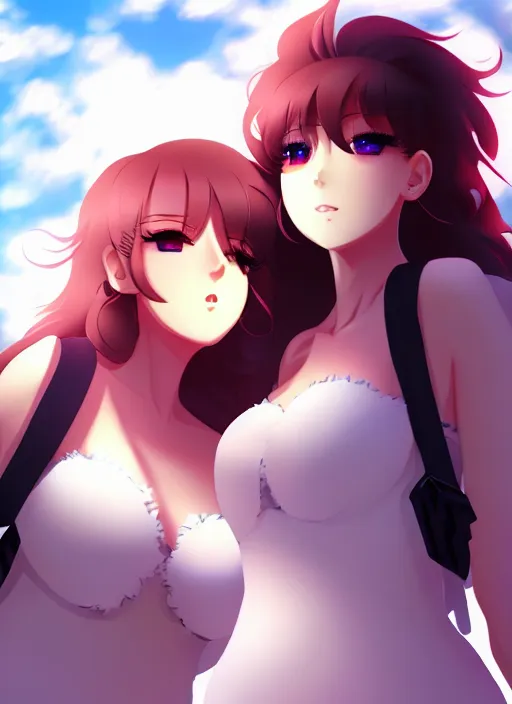 Prompt: two beautiful mothers out on a humid summer day, gorgeous faces, thick lines, cinematic lighting, detailed anime art