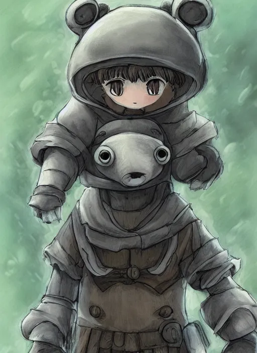 Image similar to beautiful little boy wearing an cyborg bear suit, artwork in kentaro miura and made in abyss and rosdraws, smooth, beautiful lightness, anatomically correct, trending on pixiv, forest