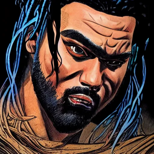 Prompt: precisely drawn illustration of Conan blended with The Weeknd, wide angle, sharp, fine details, French comic style, vibrant realistic colors, full color, heroic fantasy, intense line art, 8k, precise linework, realistic, in the style of Heavy Metal Comics and Richard Corben and Moebius