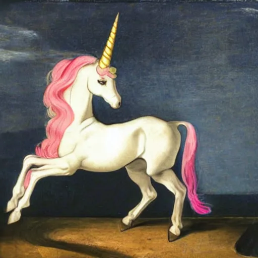 Prompt: a unicorn walking on a rainbow in the style of caravaggio