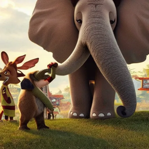 Image similar to a moose kissing an elephant in zootopia (2016)