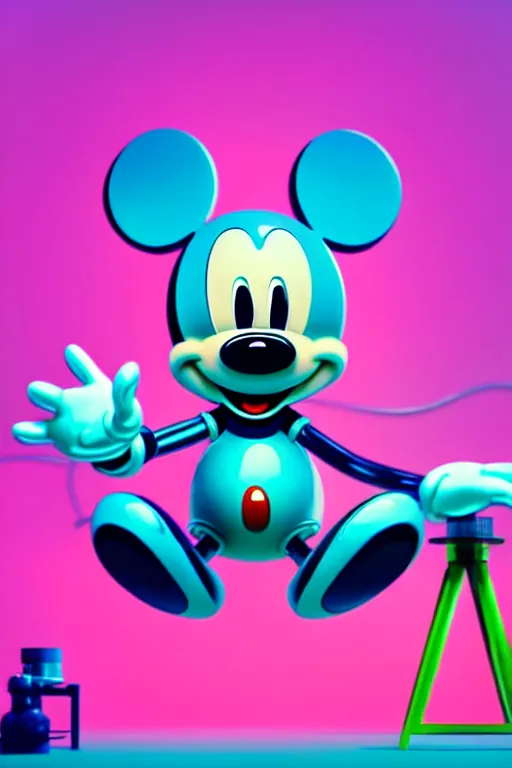 Prompt: a beeple painting of mickey mouse dissecting a giant robot, by beeple in pink, green and blue colours, highly detailed, rendered in octane