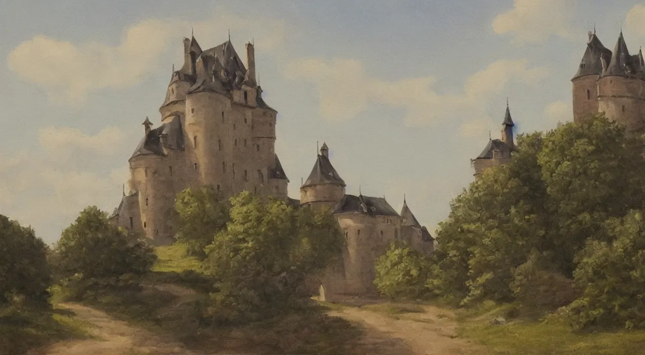 Prompt: a landscape painting of a French castle