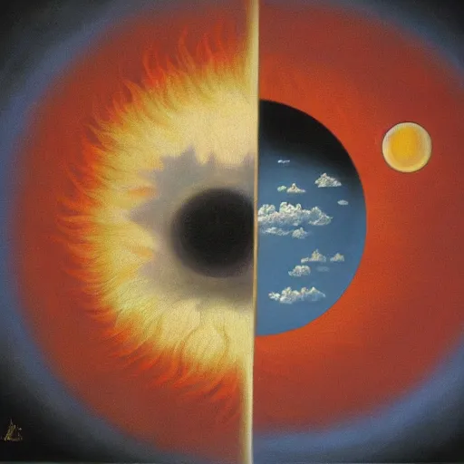 Prompt: sun and moon, surrealism, oil on canvas, high detail, masterpiece