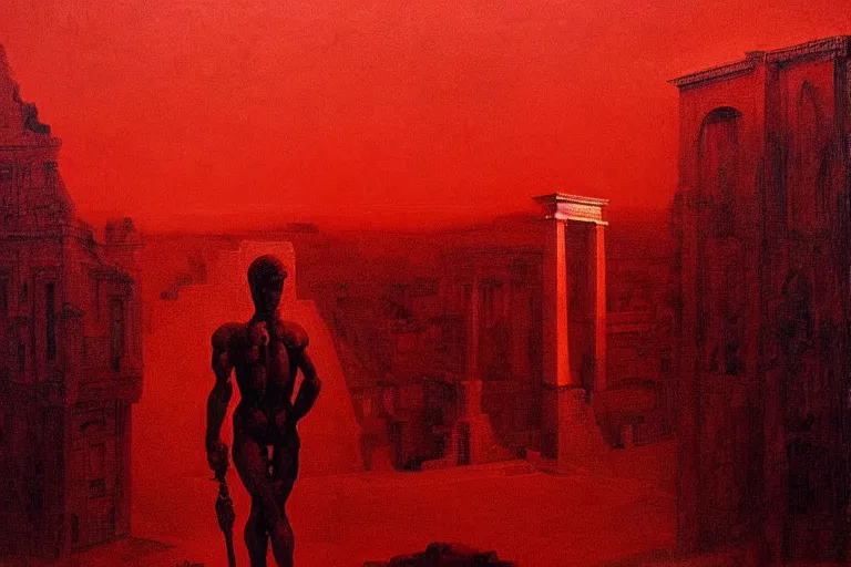 Image similar to only with red, caesar after war, a red tiger, in hoc signo vinces, rome in background, an ancient path, in the style of beksinski, part by hopper, part by rodcenko, part by hofbauer, intricate composition, red by caravaggio, insanely quality, highly detailed, masterpiece, red light, artstation