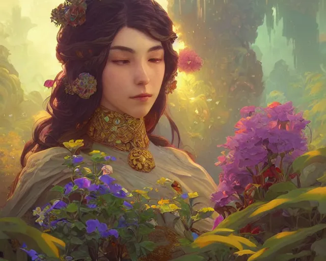 Image similar to asunflower garden, photography of kurzgesagt, deep focus, d & d, fantasy, intricate, elegant, highly detailed, digital painting, artstation, concept art, matte, sharp focus, illustration, hearthstone, art by artgerm and greg rutkowski and alphonse mucha