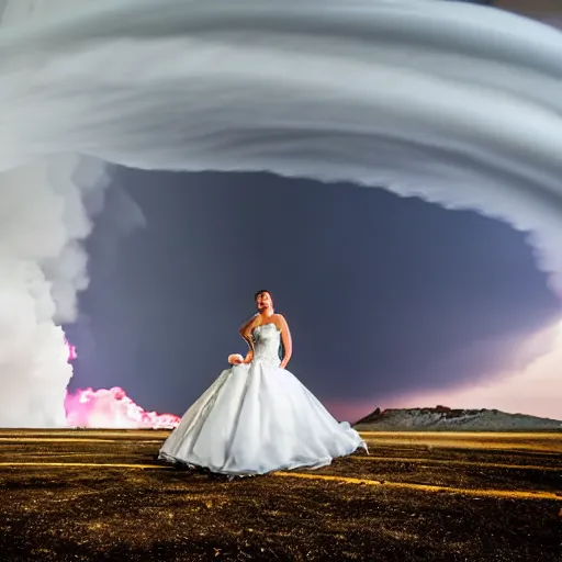 Image similar to a tornado in a wedding dress marrying a volcano in a wedding dress, professional wedding photography, 8 k photo