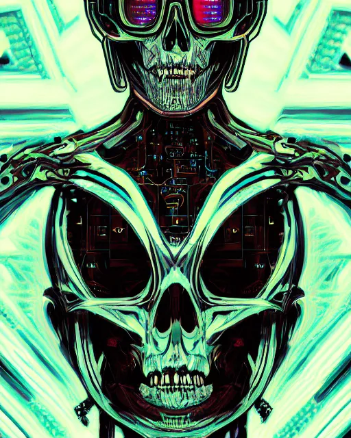 Prompt: portrait of a cyberpunk skeleton, glowy eyes, hyper detailed vaporwave style digital arts