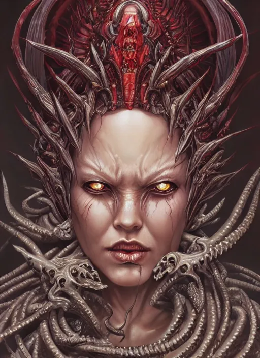 Image similar to a hyper detailed face portrait of the queen of blades, diablo 4 lilith, by yusuke murata, by hiroya oku, by dorian cleavenger, by tom bagshaw, by zdzisław beksinski, trending on artstation