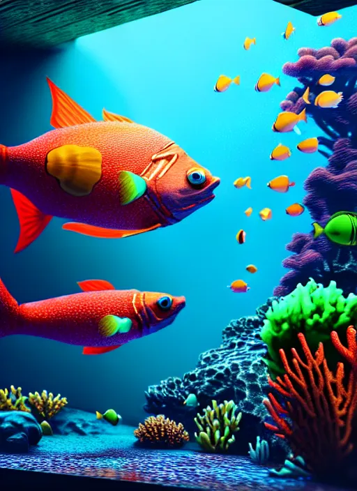 Prompt: hyperrealism, detailed textures, photorealistic 3 d render, an underwater scene with brightly coloured fish & coral, ultra realistic, ultra high pixel detail, cinematic, intricate, cinematic light, octane render, concept art, illustration, art station, unreal engine 8 k