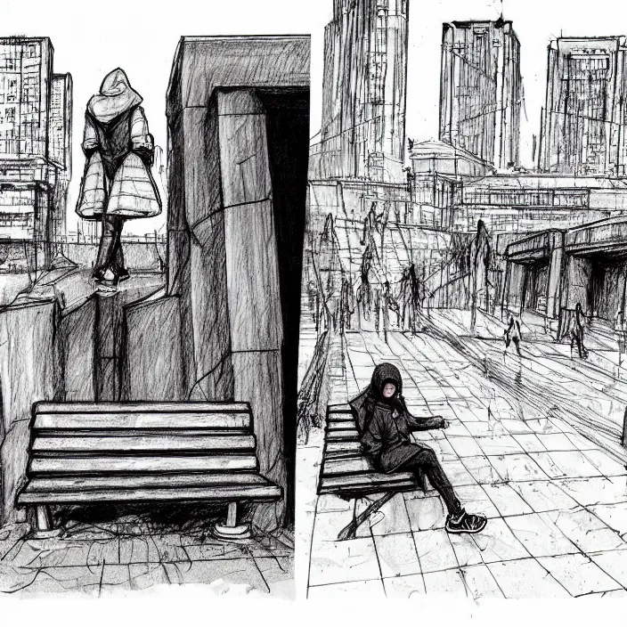 Image similar to storyboard : sadie sink in hoodie sat down on bench in ruined square, pedestrians walk by, old soviet monument nearby. scifi cyberpunk. drawn by gabriel hardman. cinematic atmosphere, detailed and intricate, perfect anatomy