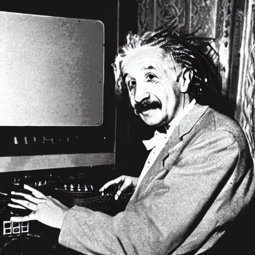 Prompt: photo of albert einstein as a dj behind the dj decks in the club