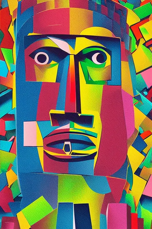 Image similar to cubist moai statue cutout digital illustration cartoon colorful beeple