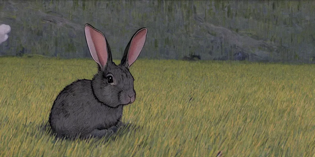 Prompt: a rabbit in the movie loving vincent, screenshot