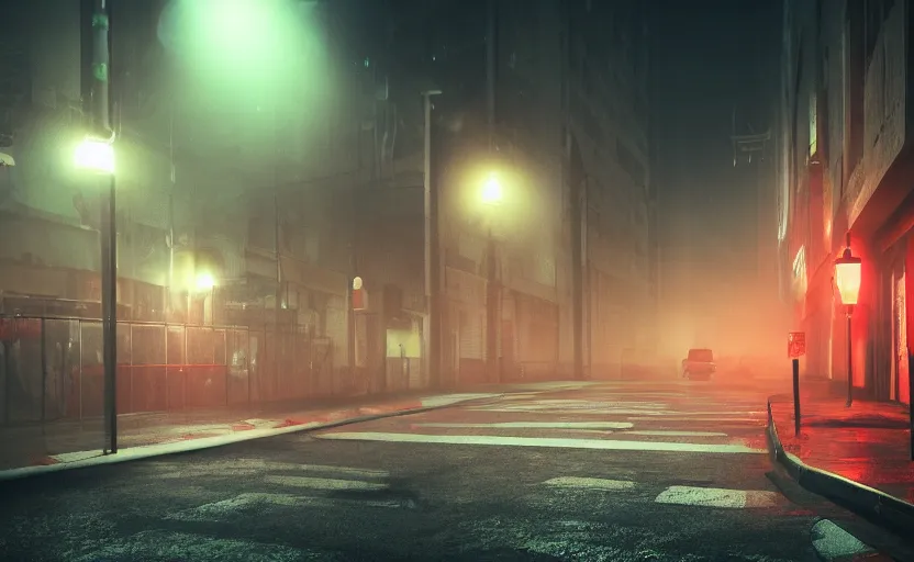 Prompt: night street with red light lamps, gloomy and foggy atmosphere, octane render, artstation trending, horror scene, highly detailded